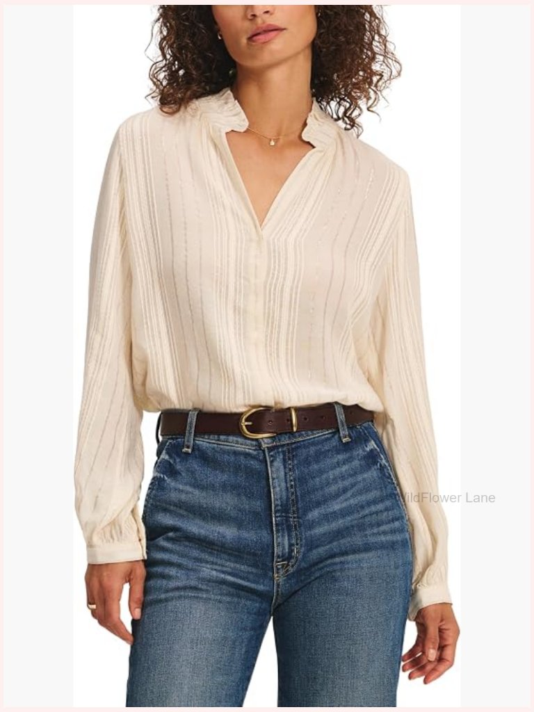 Lurex Stripe V-Neck Long Sleeve Blouse